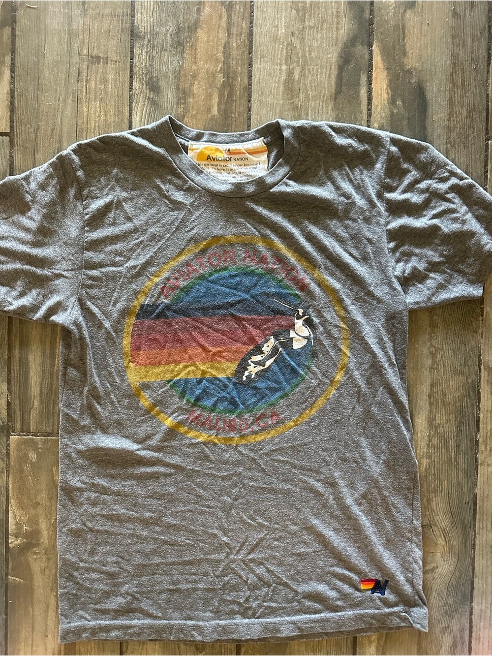 Aviator Nation Gray Short Sleeve Tee with Multi-Color Retro Logo